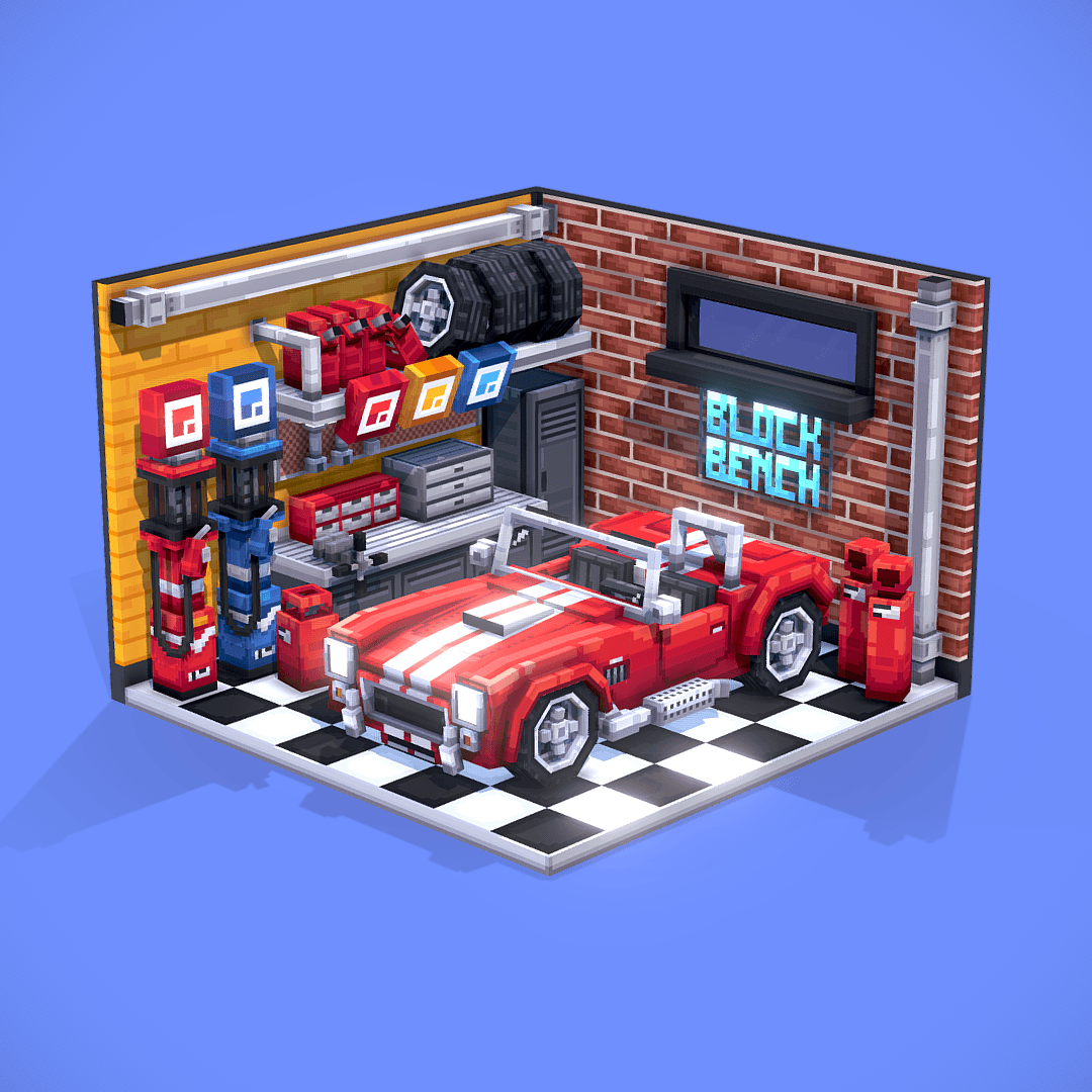 stylized image of a lowpoly Retro Garage 3D asset