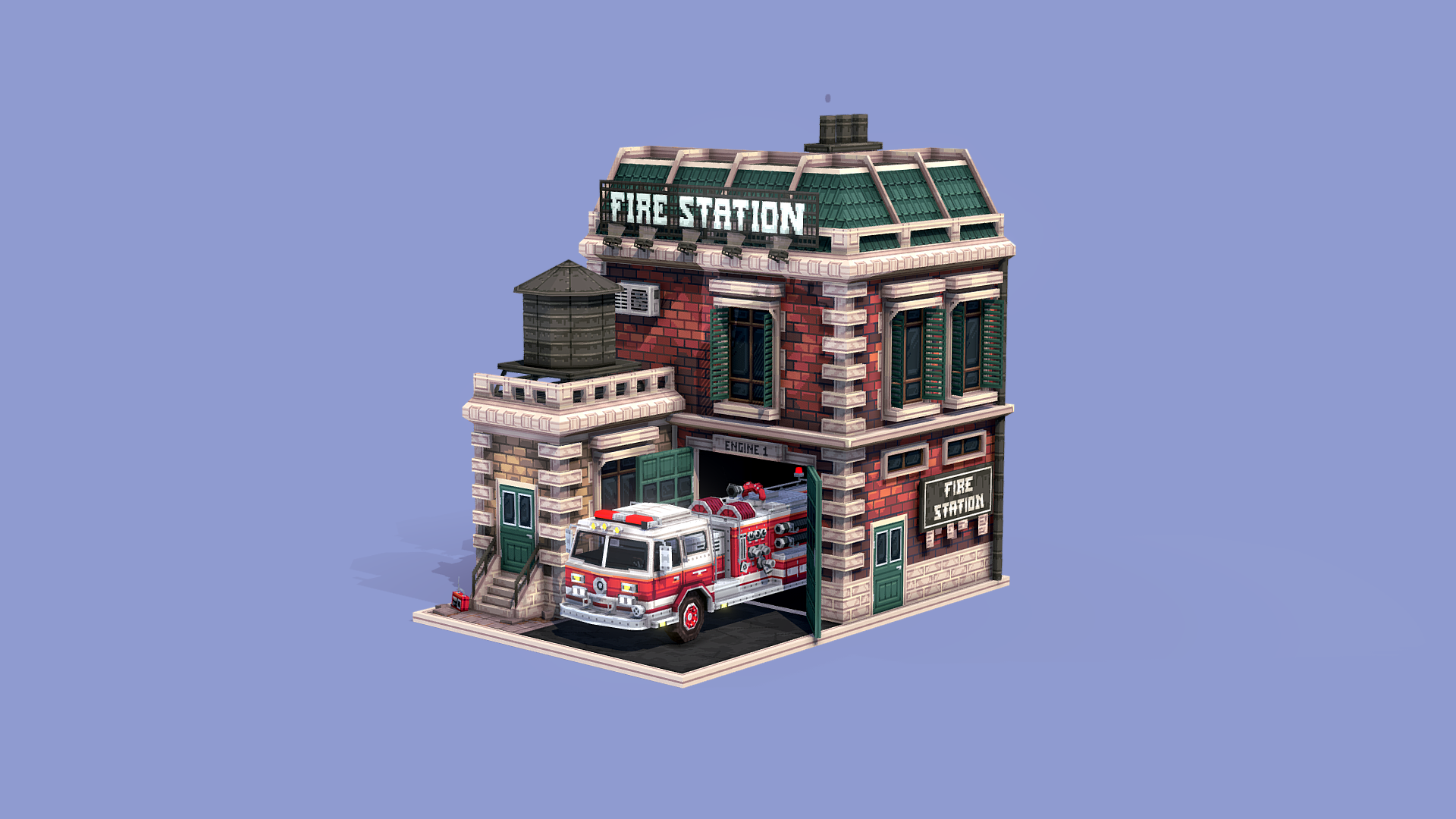 stylized image of a lowpoly Firestation 3D model